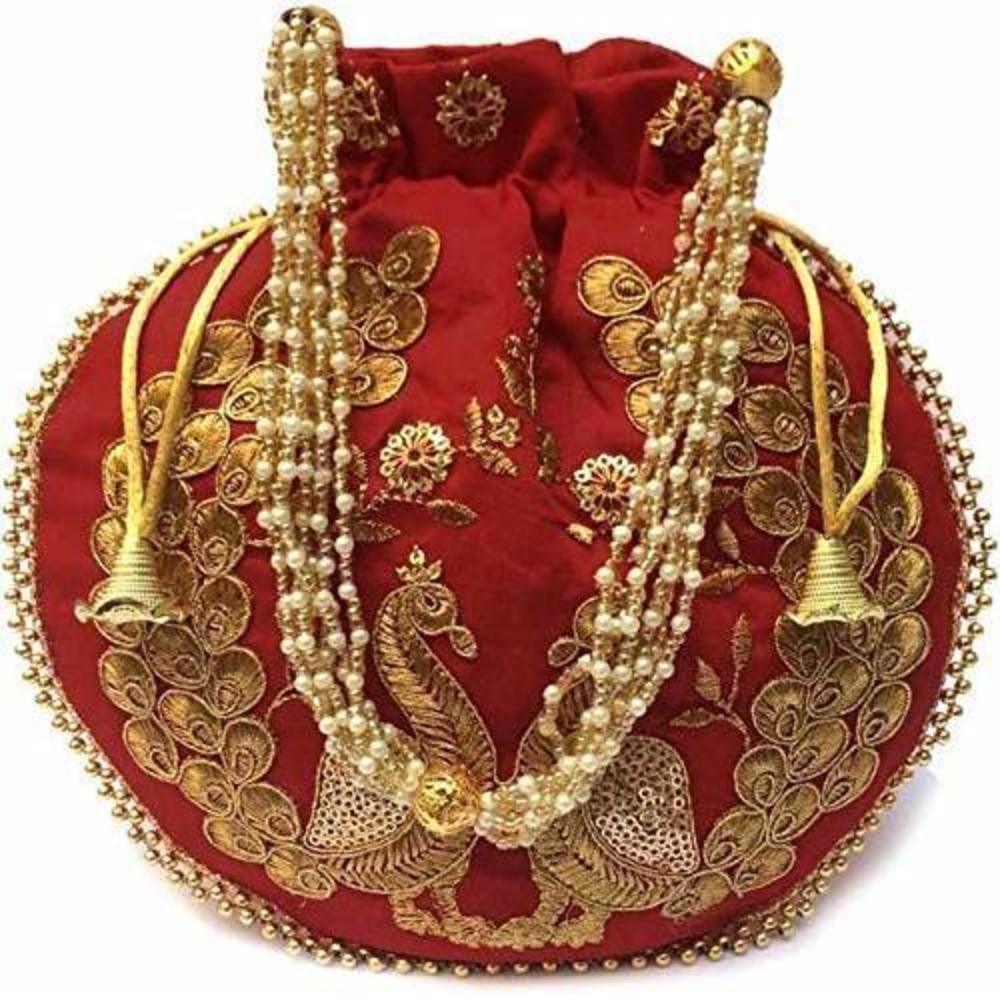 Indian Maroon Pea Embrodered Potli Bag Pearl Handle Traditional <3